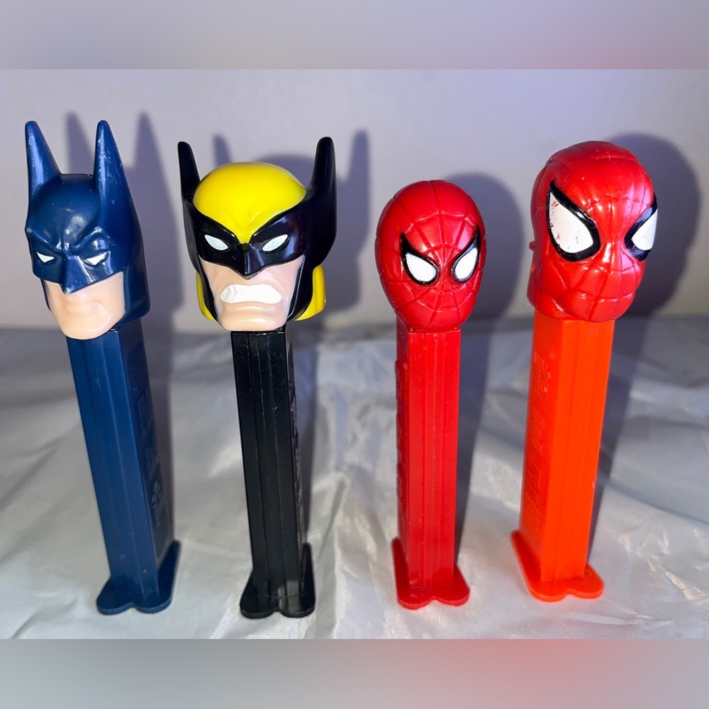 Marvel DC Superhero Pez Dispensers Lot Of 4 Vintage Spiderman Batman Wolverine